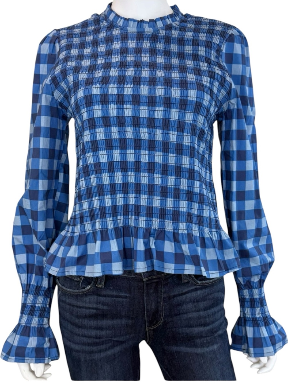 MIND TRAVELER NWT Blue Gingham Check Chia Blouse Size L F0786